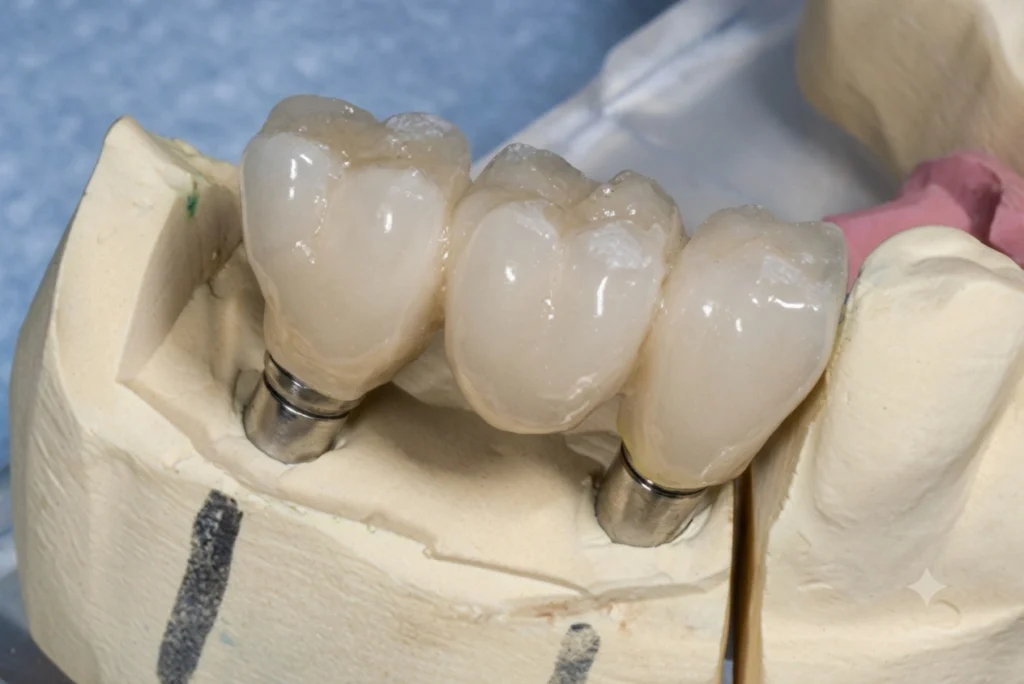 A dental bridge spanning the gap left by a missing tooth